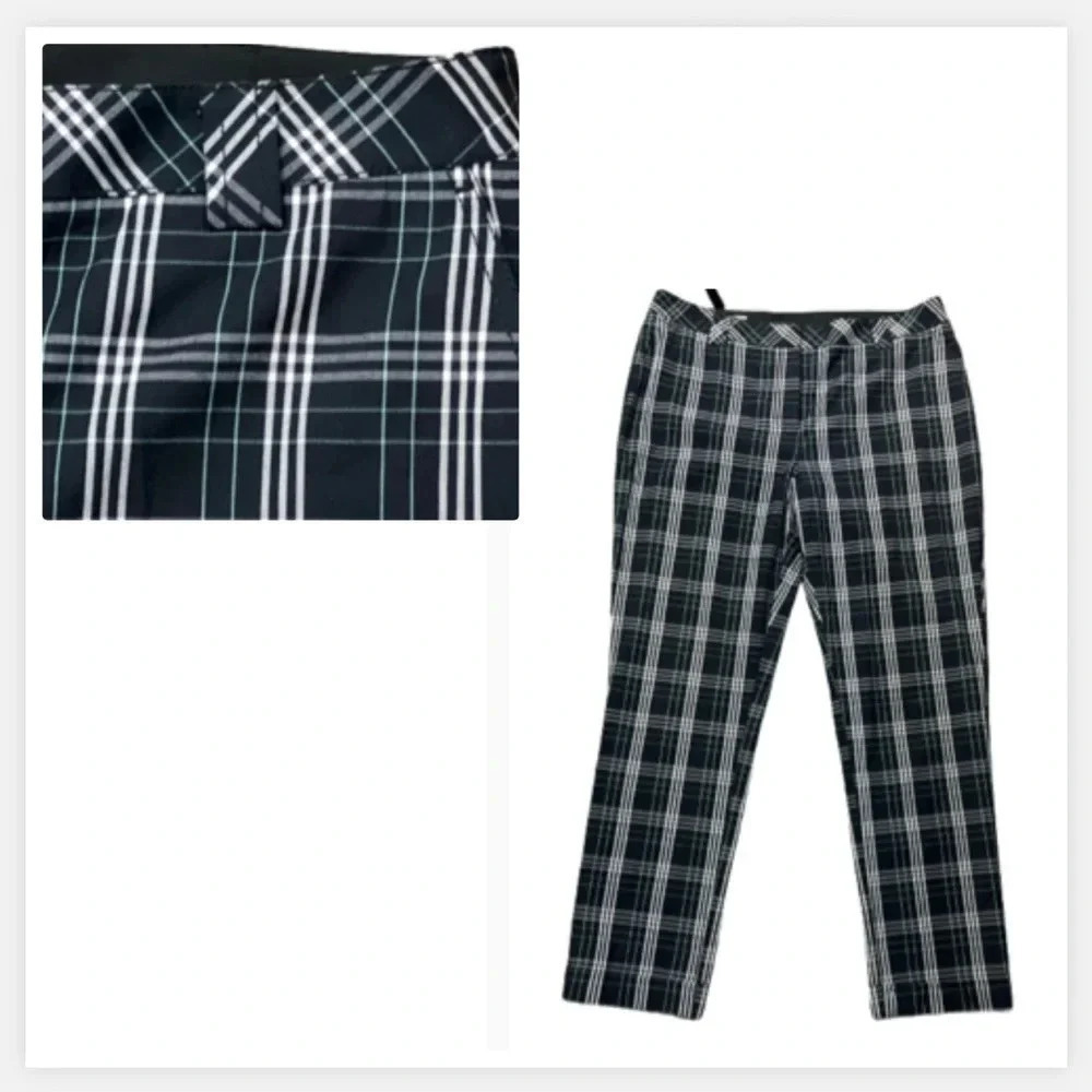 CUTTER & BUCK BLACK CROPPED ANKLE PANTS GREEN WHITE PLAID STRETCH SIZE 12